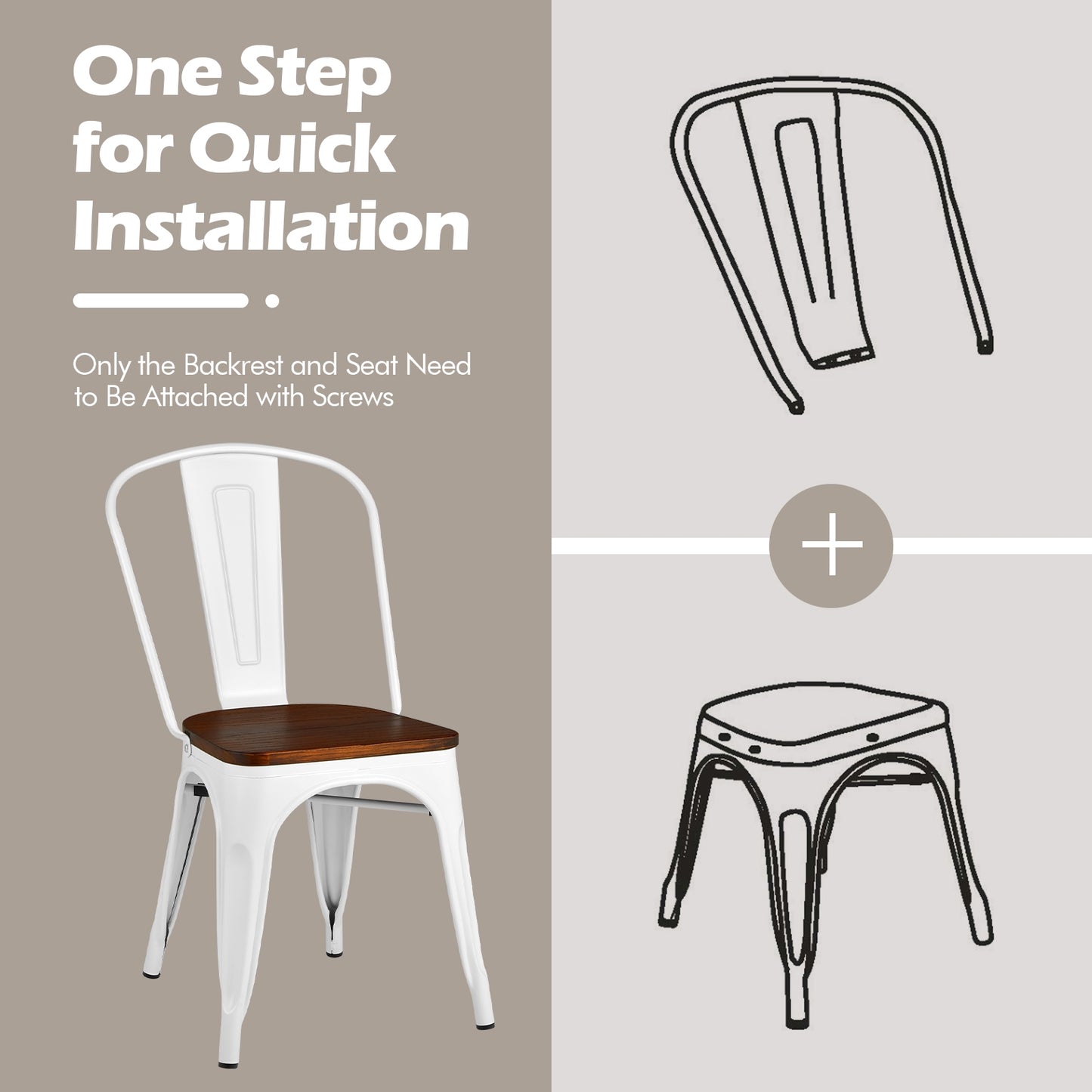 Set of 4 Tolix Style Metal Dining Wood Seat, White Dining Chairs at Gallery Canada