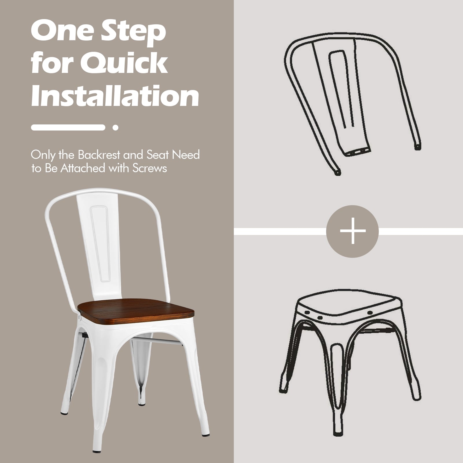 Set of 4 Tolix Style Metal Dining Wood Seat, White Dining Chairs at Gallery Canada