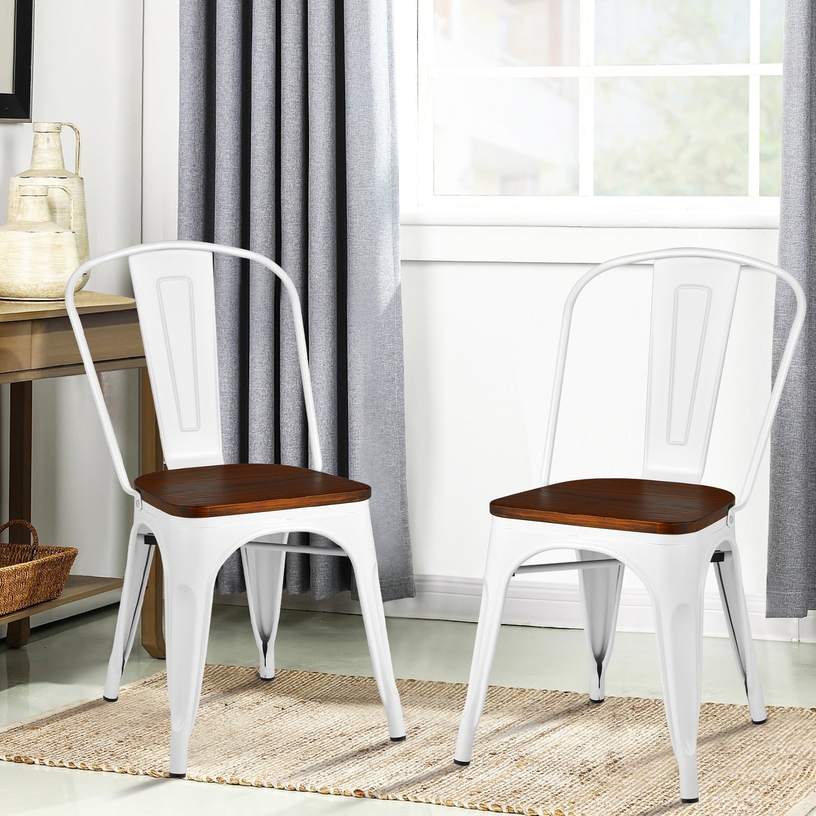 Set of 4 Tolix Style Metal Dining Wood Seat, White Dining Chairs at Gallery Canada