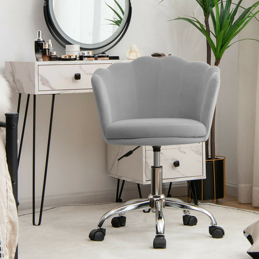 Upholstered Velvet Kids Desk Chair with Wheels and Seashell Back, Gray - Gallery Canada