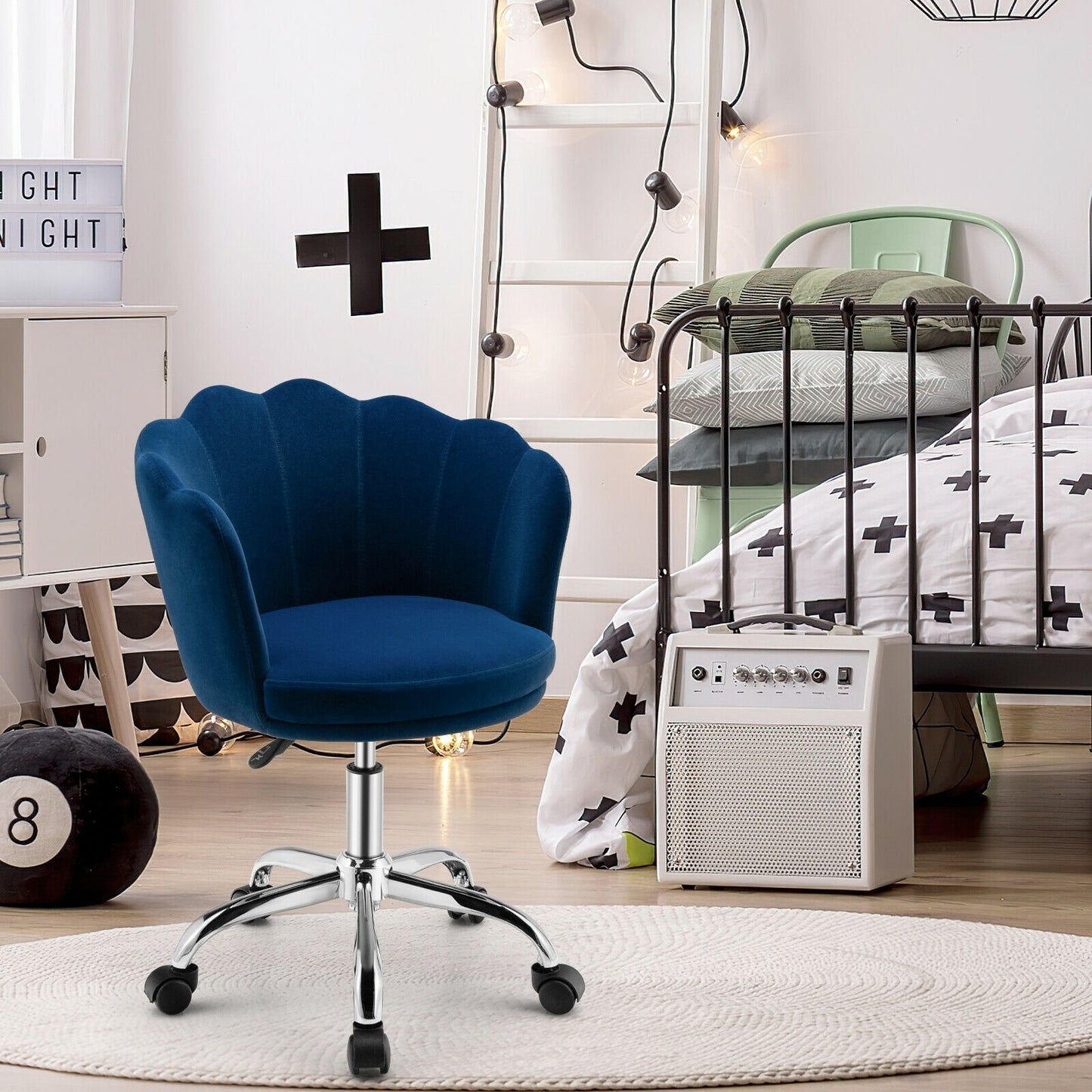 Upholstered Velvet Kids Desk Chair with Wheels and Seashell Back, Blue - Gallery Canada