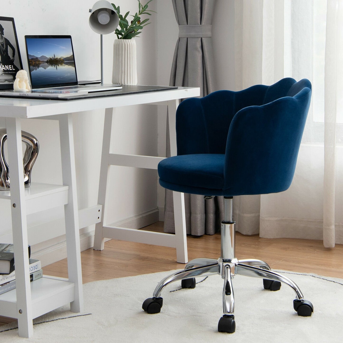 Upholstered Velvet Kids Desk Chair with Wheels and Seashell Back, Blue - Gallery Canada