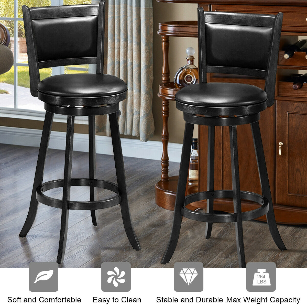 Set of 2 29 Inch Swivel Bar Height Stool Wood Dining Chair Barstool, Black Bar Stools at Gallery Canada