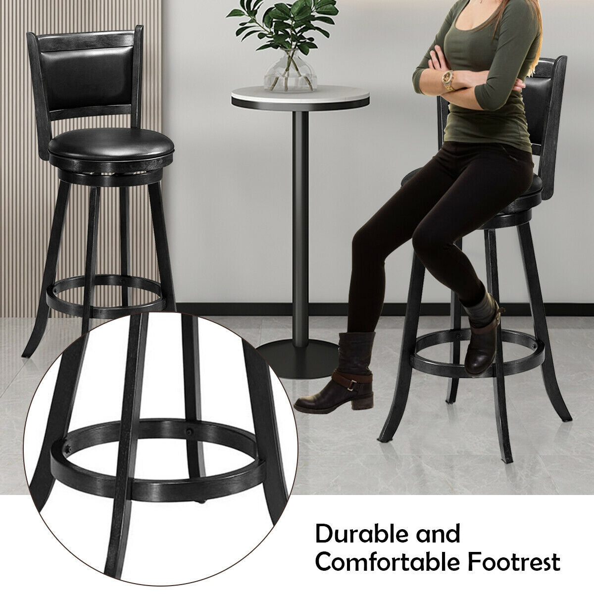 Set of 2 29 Inch Swivel Bar Height Stool Wood Dining Chair Barstool, Black Bar Stools at Gallery Canada