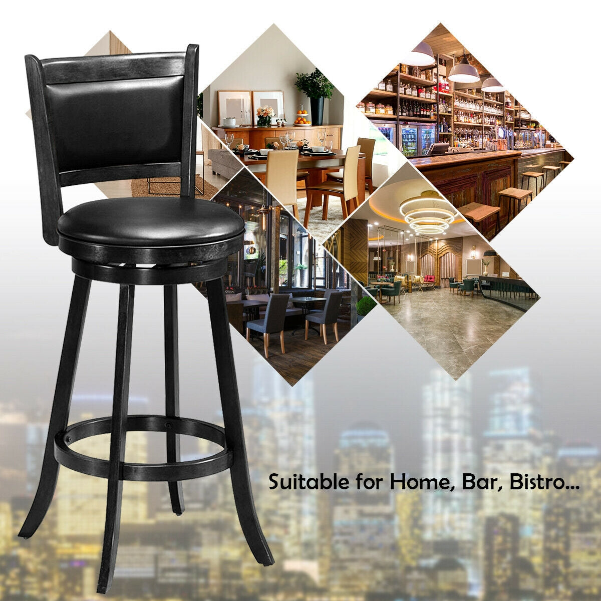 Set of 2 29 Inch Swivel Bar Height Stool Wood Dining Chair Barstool, Black Bar Stools at Gallery Canada