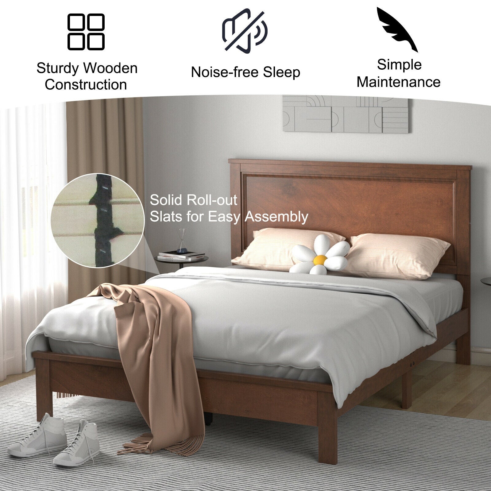 Full Size Platform Slat Bed Frame, High Headboard, Walnut Simple Bed Frame at Gallery Canada