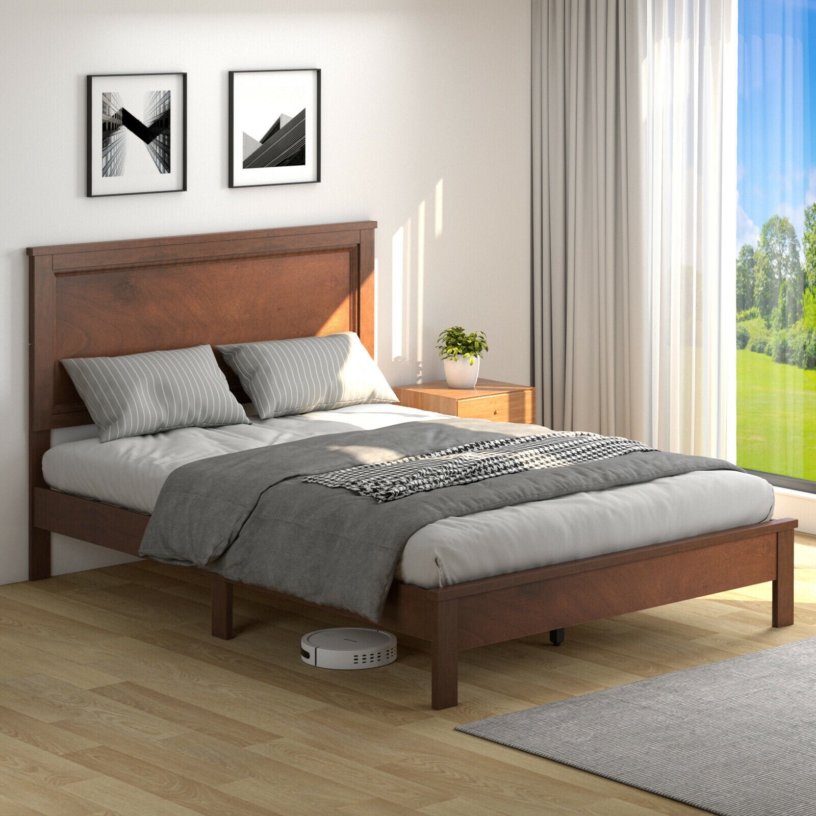 Full Size Platform Slat Bed Frame, High Headboard, Walnut Simple Bed Frame at Gallery Canada