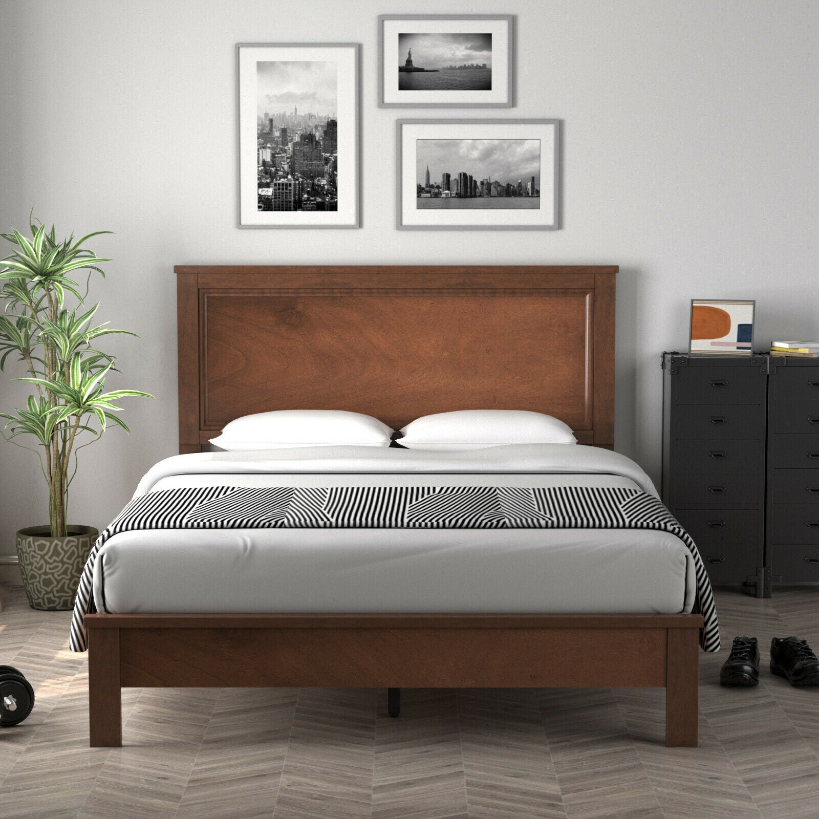 Full Size Platform Slat Bed Frame, High Headboard, Walnut Simple Bed Frame at Gallery Canada
