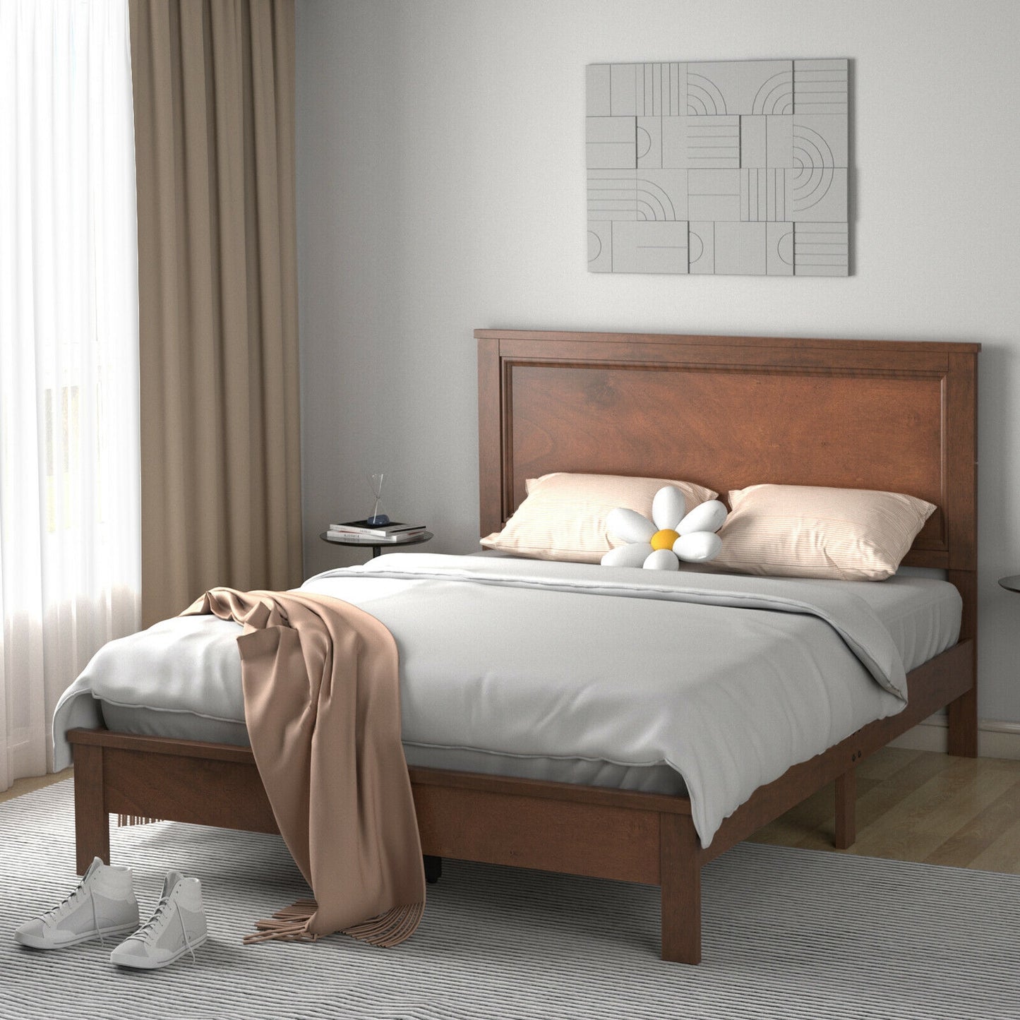 Full Size Platform Slat Bed Frame, High Headboard, Walnut Simple Bed Frame at Gallery Canada