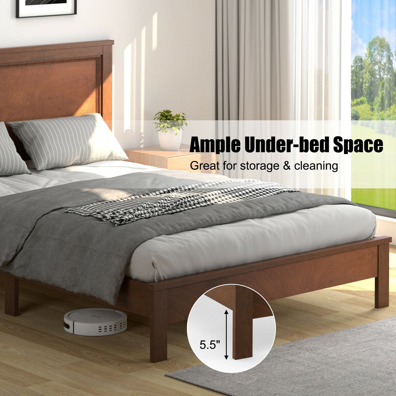 Full Size Platform Slat Bed Frame, High Headboard, Walnut Simple Bed Frame at Gallery Canada