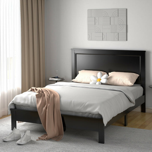 Queen Size Bed Frame Platform Slat High Headboard Bedroom with Rubber Wood Leg, Black - Gallery Canada