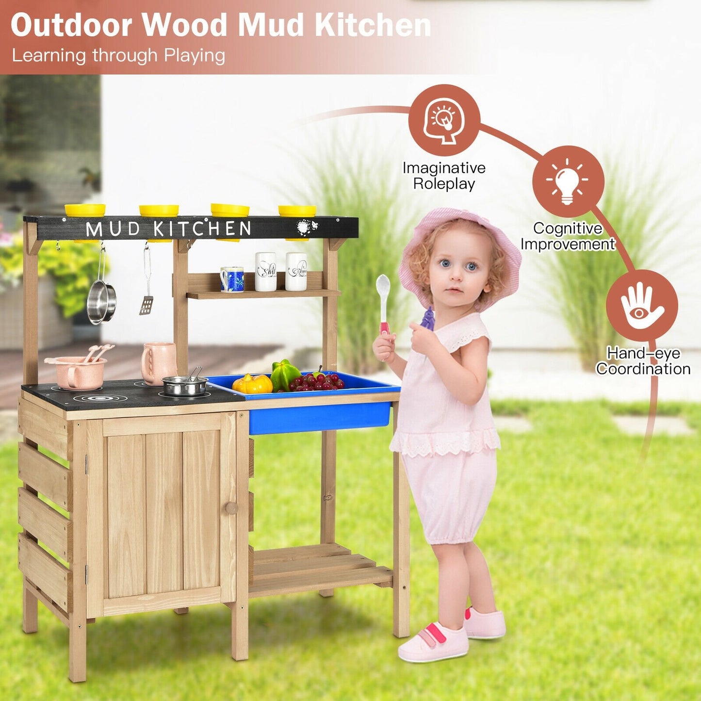 Outdoor Mud Kids Kitchen Playset Wooden Pretend Play Toy with Kitchenware, Natural at Gallery Canada