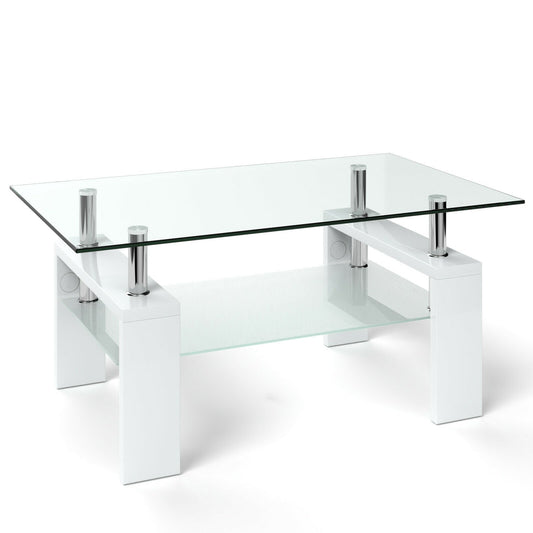 Rectangular Tempered Glass Coffee Table End Side Table with Shelf, White - Gallery Canada