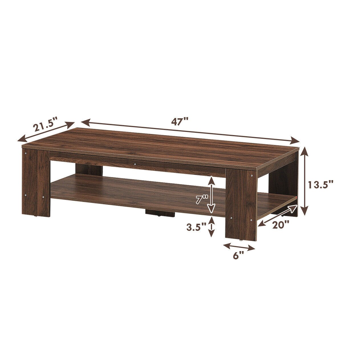 47 Inch 2-Tier Rectangular Coffee Table with Storage Shelf, Walnut - Gallery Canada