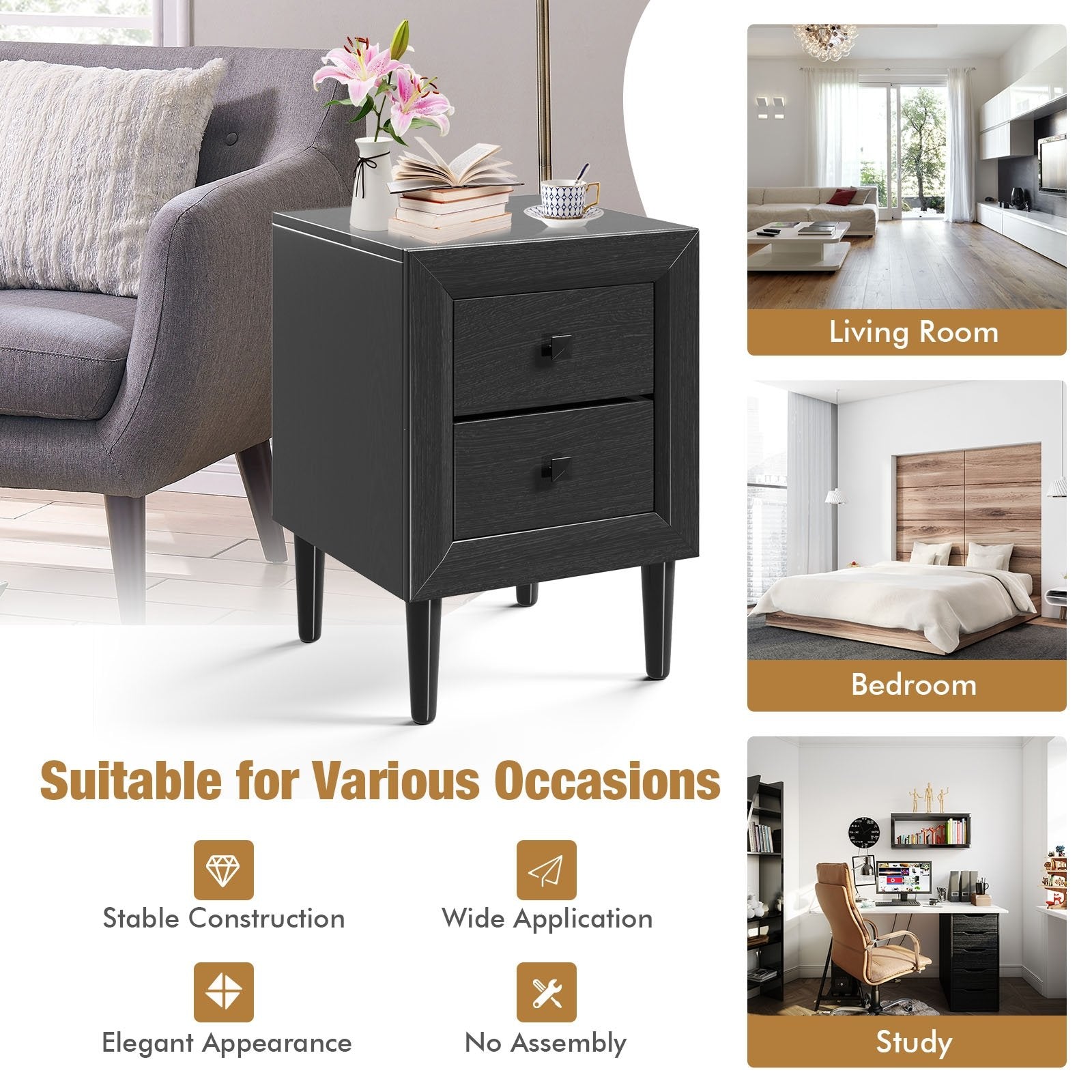 Multipurpose Retro Bedside Nightstand/ End Table with 2 Drawers, Black - Gallery Canada