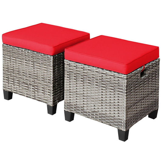 Patio Rattan Ottoman Seat, 2PCS, Removable Cushions, Red