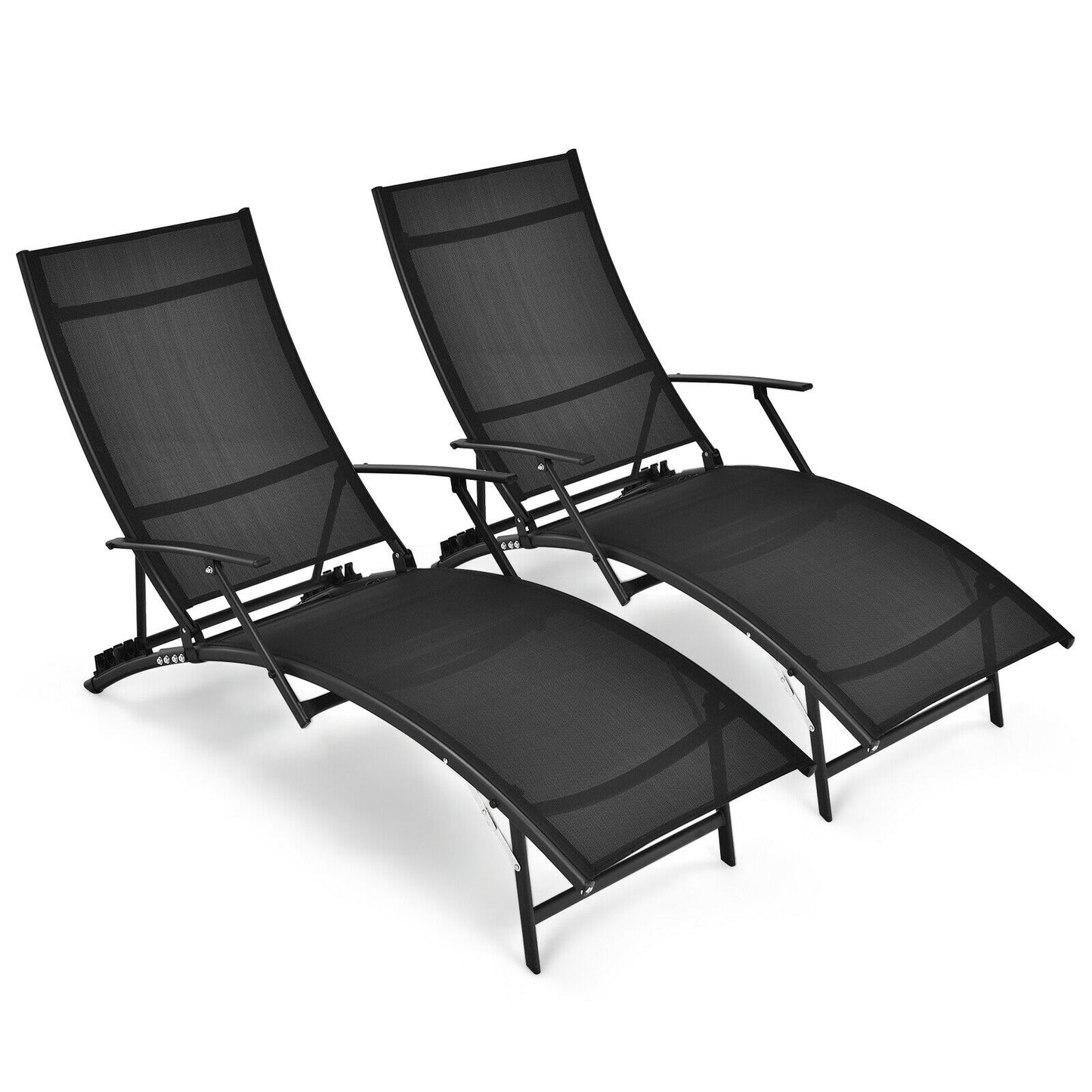 2 Pieces Patio Folding Stackable Lounge Chair Chaise with Armrest, Black Outdoor Chaise Lounges at Gallery Canada