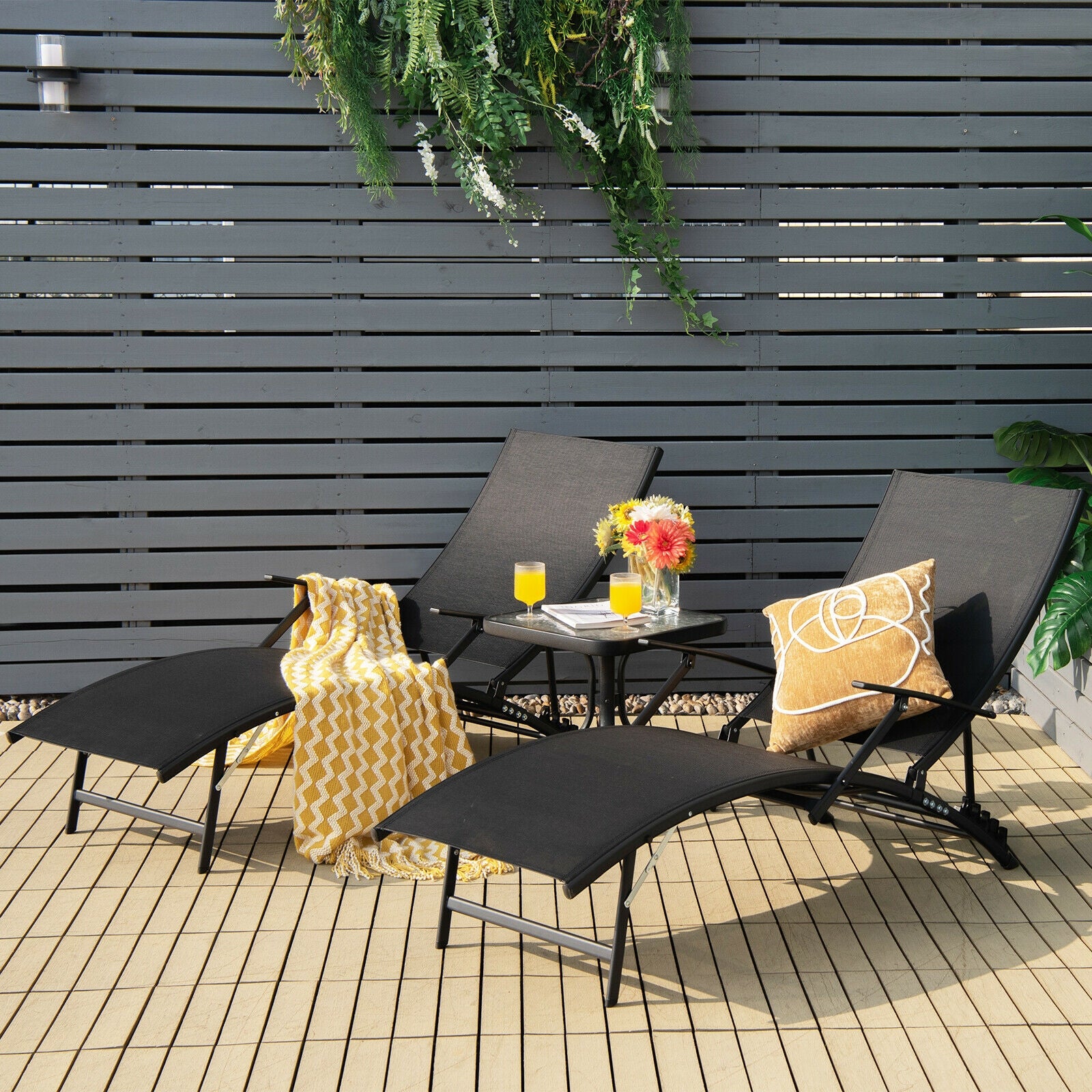 2 Pieces Patio Folding Stackable Lounge Chair Chaise with Armrest, Black Outdoor Chaise Lounges at Gallery Canada