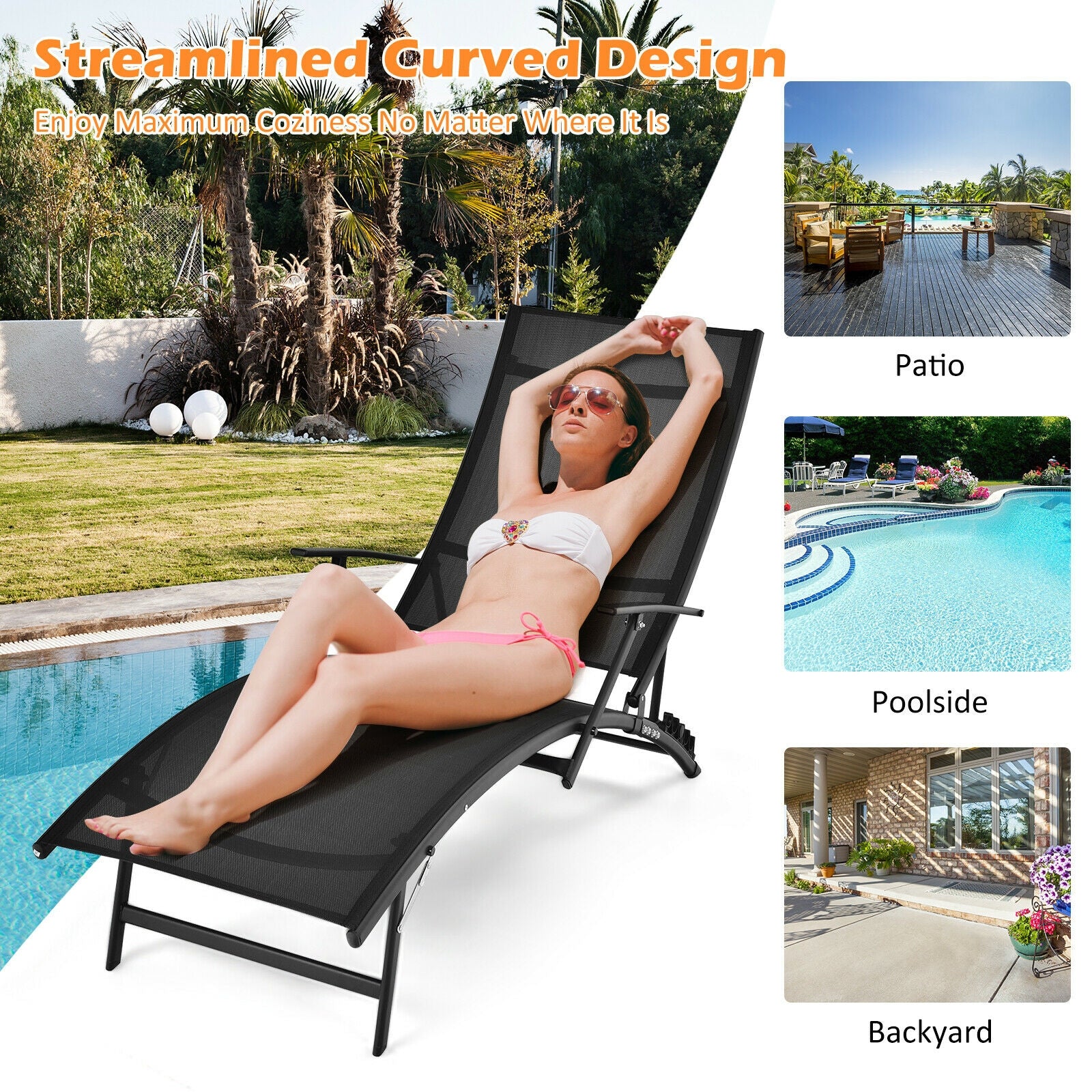 2 Pieces Patio Folding Stackable Lounge Chair Chaise with Armrest, Black Outdoor Chaise Lounges at Gallery Canada