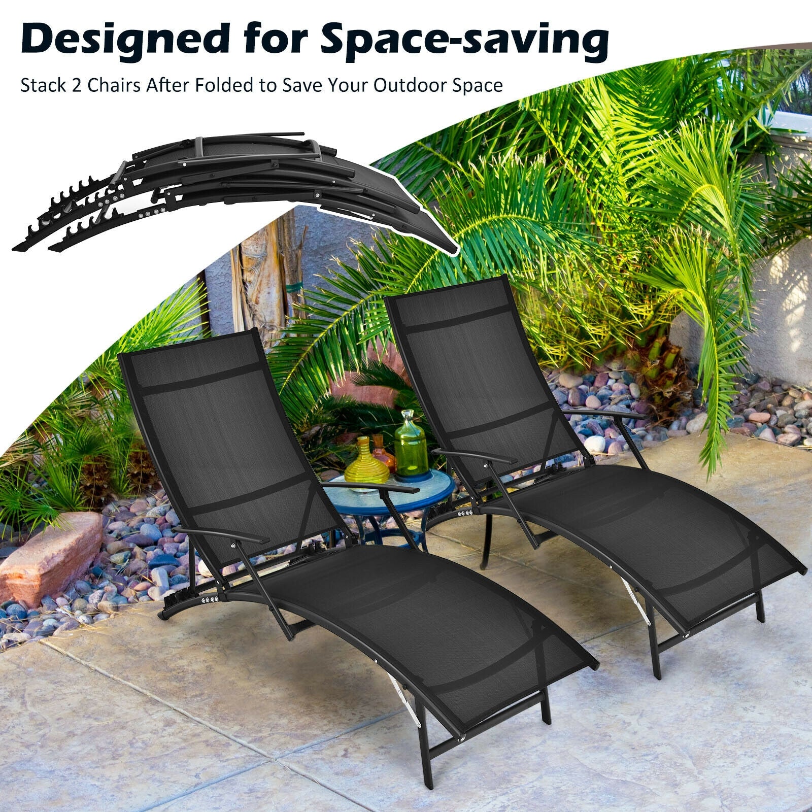2 Pieces Patio Folding Stackable Lounge Chair Chaise with Armrest, Black Outdoor Chaise Lounges at Gallery Canada
