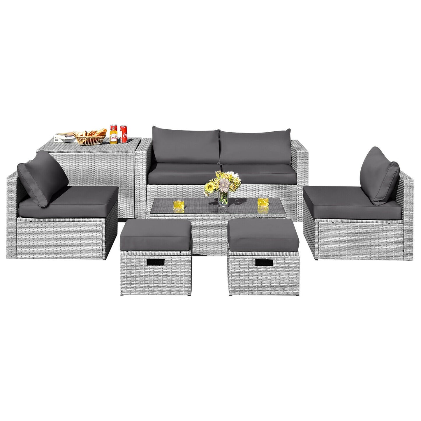 8 Pieces Patio Rattan Furniture Set with Storage Waterproof Cover and Cushion, Gray Outdoor Sectionals at Gallery Canada