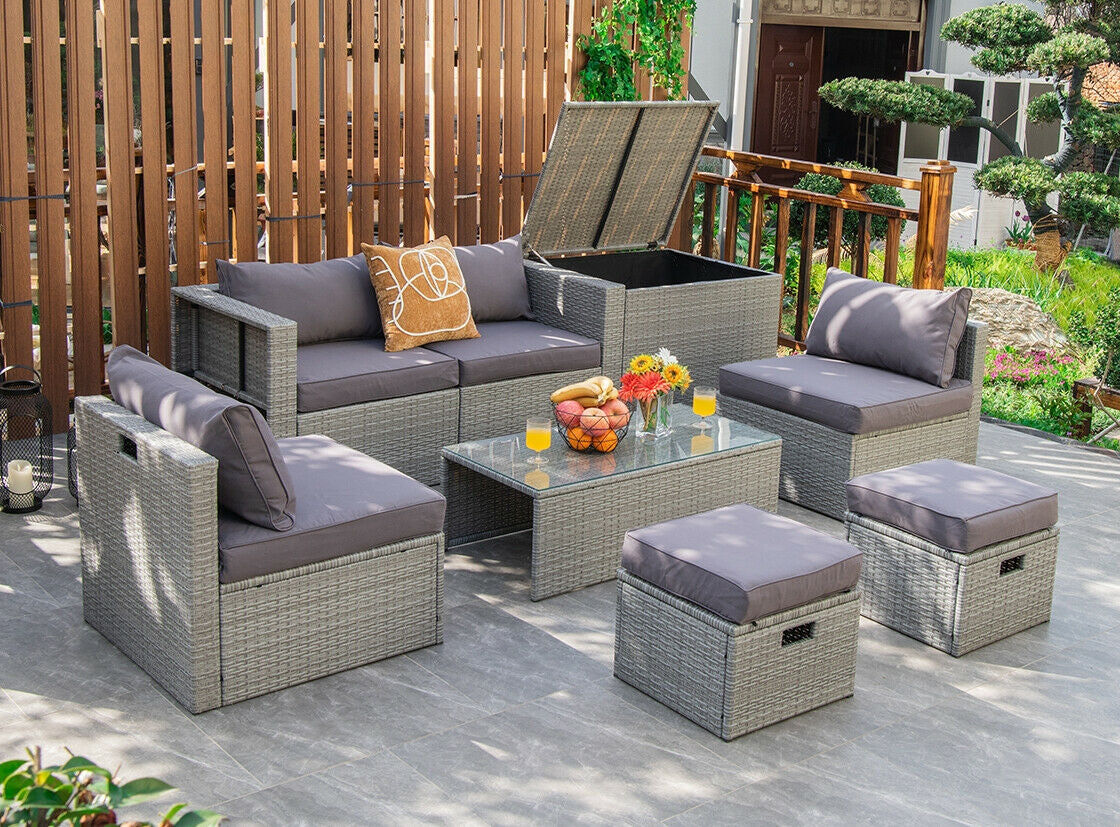 8 Pieces Patio Rattan Furniture Set with Storage Waterproof Cover and Cushion, Gray Outdoor Sectionals at Gallery Canada