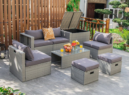 8 Pieces Patio Rattan Furniture Set with Storage Waterproof Cover and Cushion, Gray Outdoor Sectionals at Gallery Canada