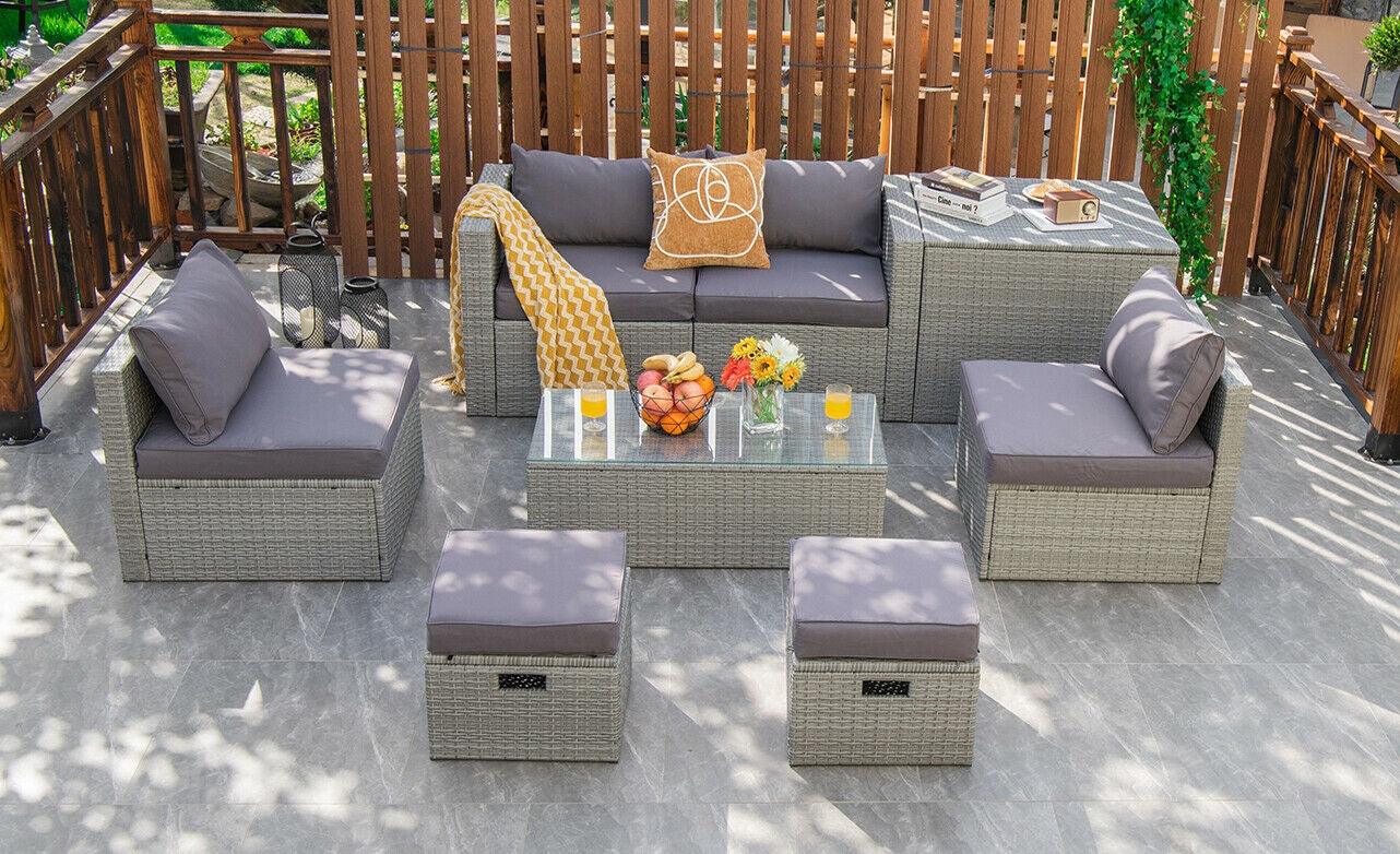 8 Pieces Patio Rattan Furniture Set with Storage Waterproof Cover and Cushion, Gray Outdoor Sectionals at Gallery Canada