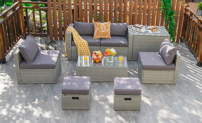 8 Pieces Patio Rattan Furniture Set with Storage Waterproof Cover and Cushion, Gray Outdoor Sectionals at Gallery Canada