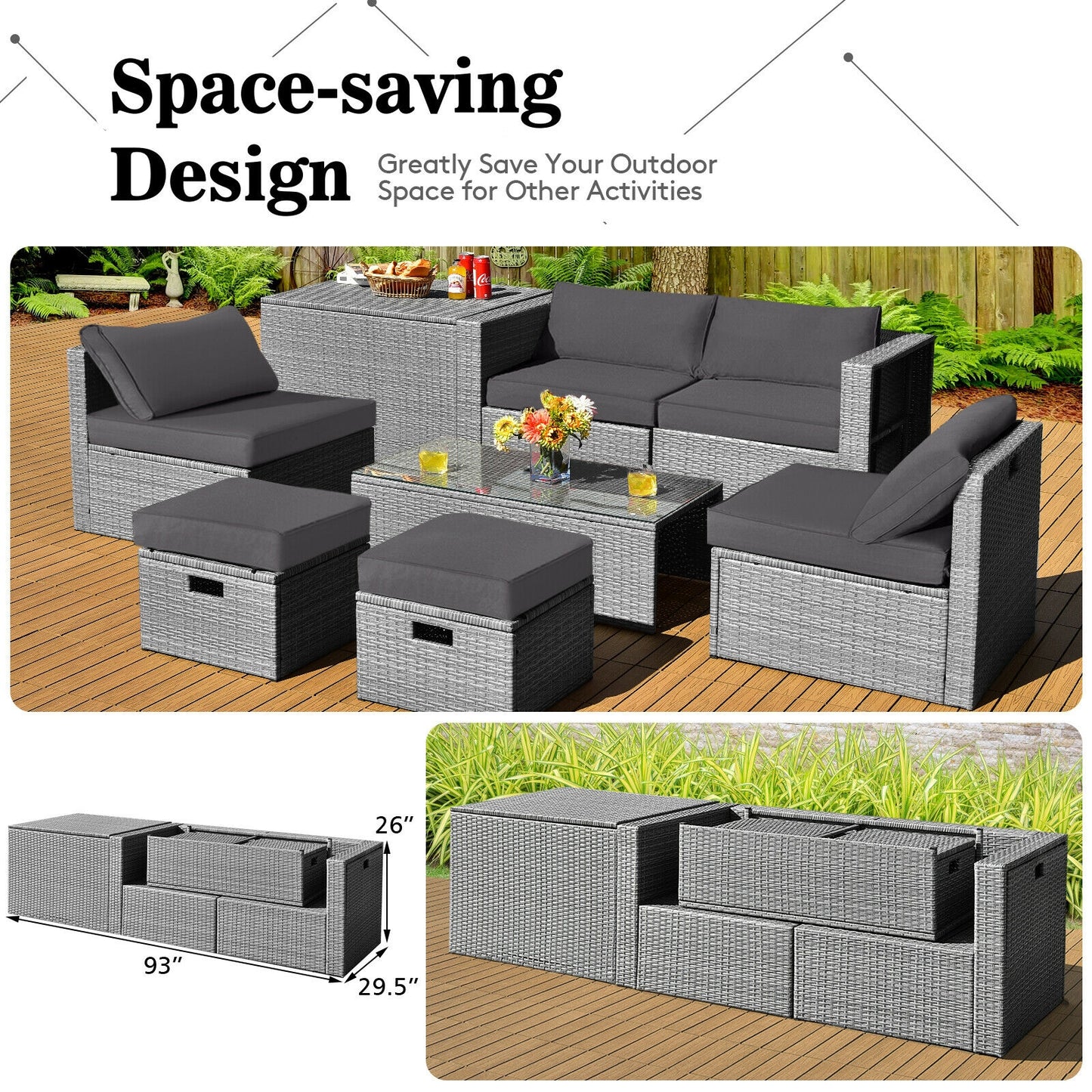 8 Pieces Patio Rattan Furniture Set with Storage Waterproof Cover and Cushion, Gray Outdoor Sectionals at Gallery Canada