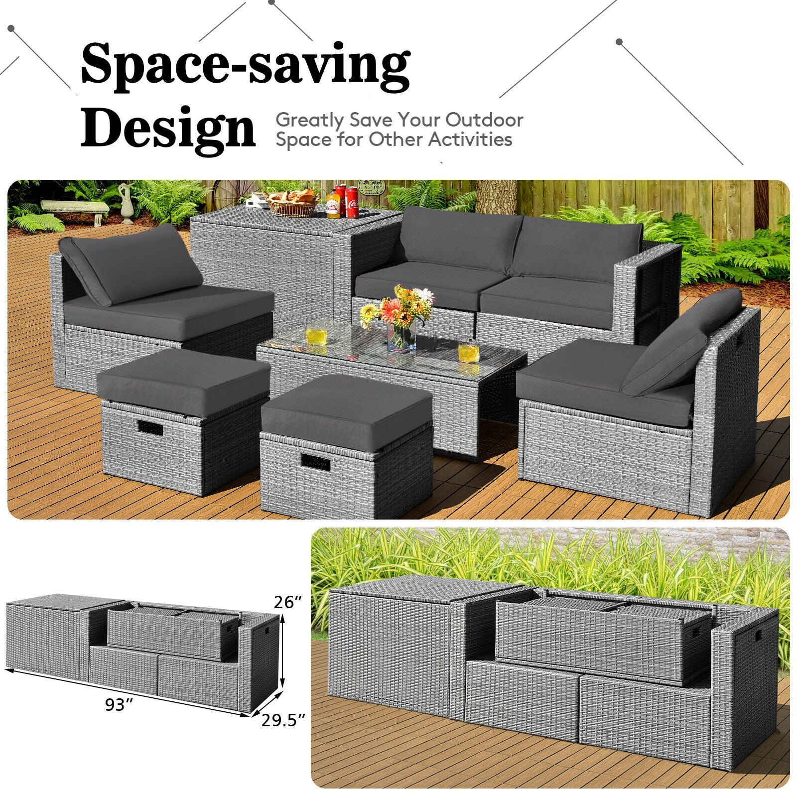 8 Pieces Patio Rattan Furniture Set with Storage Waterproof Cover and Cushion, Gray Outdoor Sectionals at Gallery Canada