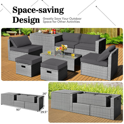 8 Pieces Patio Rattan Furniture Set with Storage Waterproof Cover and Cushion, Gray Outdoor Sectionals at Gallery Canada