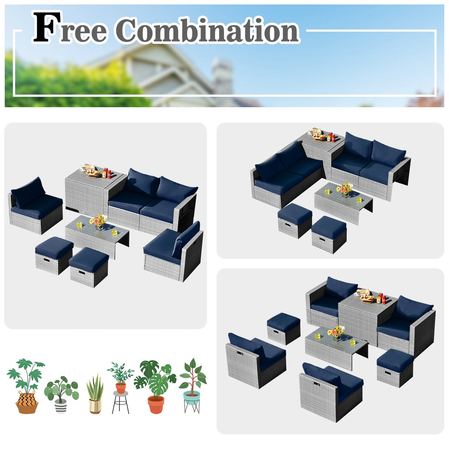 8 Pieces Patio Rattan Furniture Set with Storage Waterproof Cover and Cushion, Navy Outdoor Sectionals at Gallery Canada