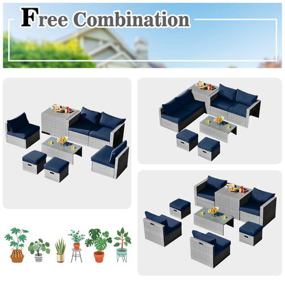 8 Pieces Patio Rattan Furniture Set with Storage Waterproof Cover and Cushion, Navy Outdoor Sectionals at Gallery Canada