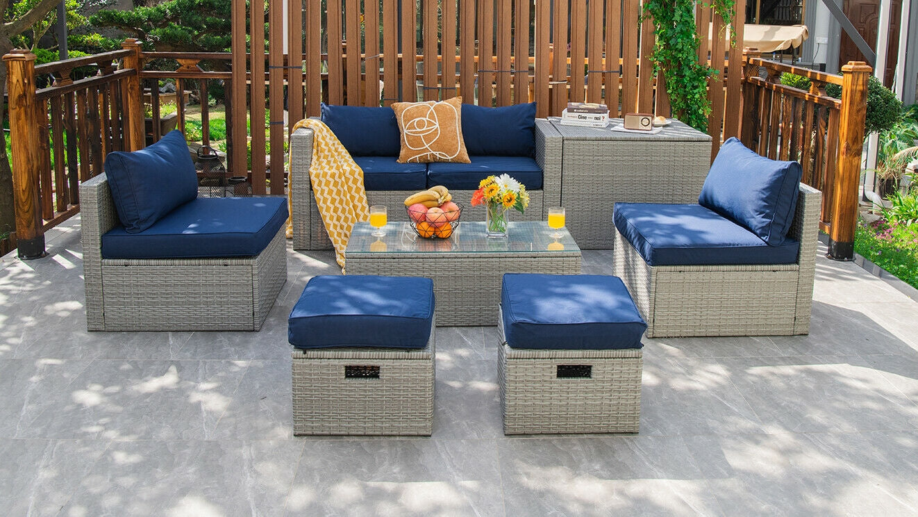8 Pieces Patio Rattan Furniture Set with Storage Waterproof Cover and Cushion, Navy Outdoor Sectionals at Gallery Canada