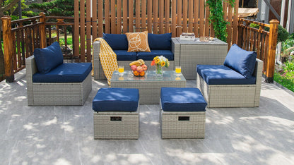 8 Pieces Patio Rattan Furniture Set with Storage Waterproof Cover and Cushion, Navy Outdoor Sectionals at Gallery Canada