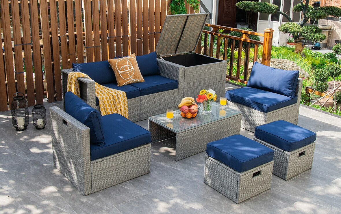 8 Pieces Patio Rattan Furniture Set with Storage Waterproof Cover and Cushion, Navy Outdoor Sectionals at Gallery Canada