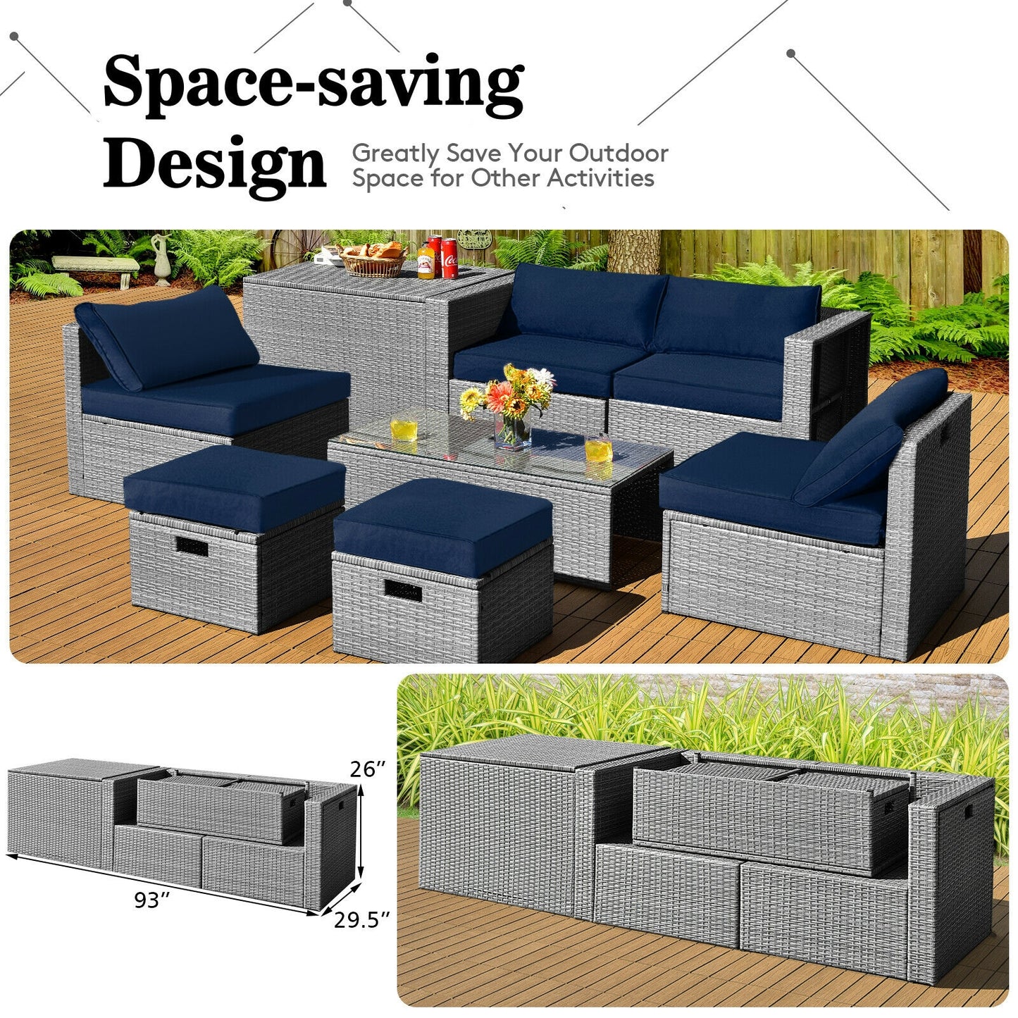 8 Pieces Patio Rattan Furniture Set with Storage Waterproof Cover and Cushion, Navy Outdoor Sectionals at Gallery Canada