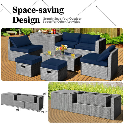8 Pieces Patio Rattan Furniture Set with Storage Waterproof Cover and Cushion, Navy Outdoor Sectionals at Gallery Canada