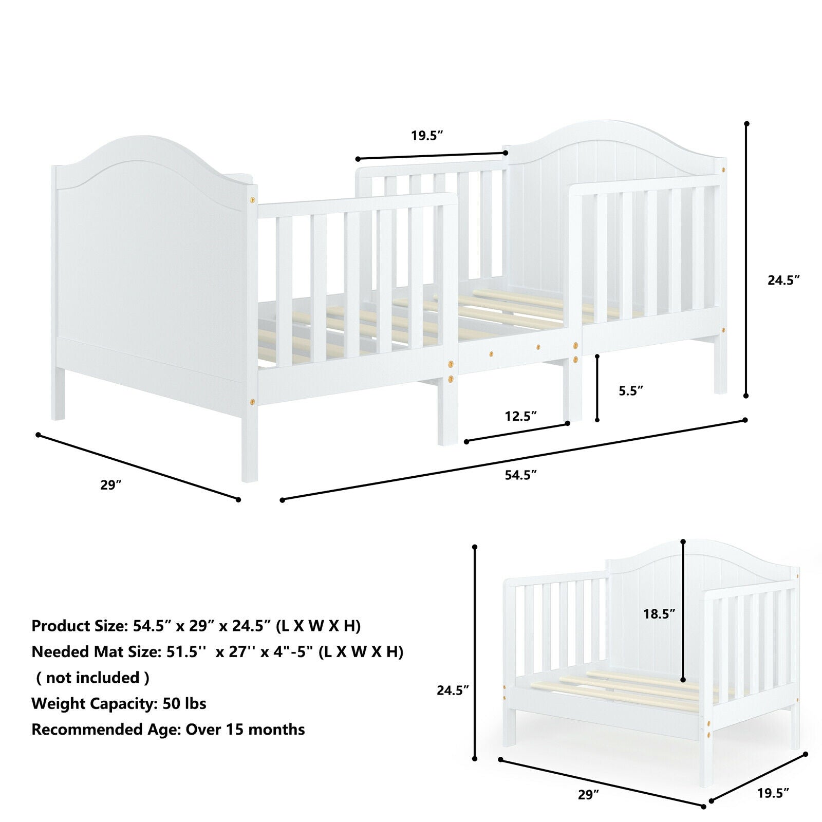 2-in-1 Classic Convertible Wooden Toddler Bed with 2 Side Guardrails for Extra Safety, White Toddler Beds at Gallery Canada
