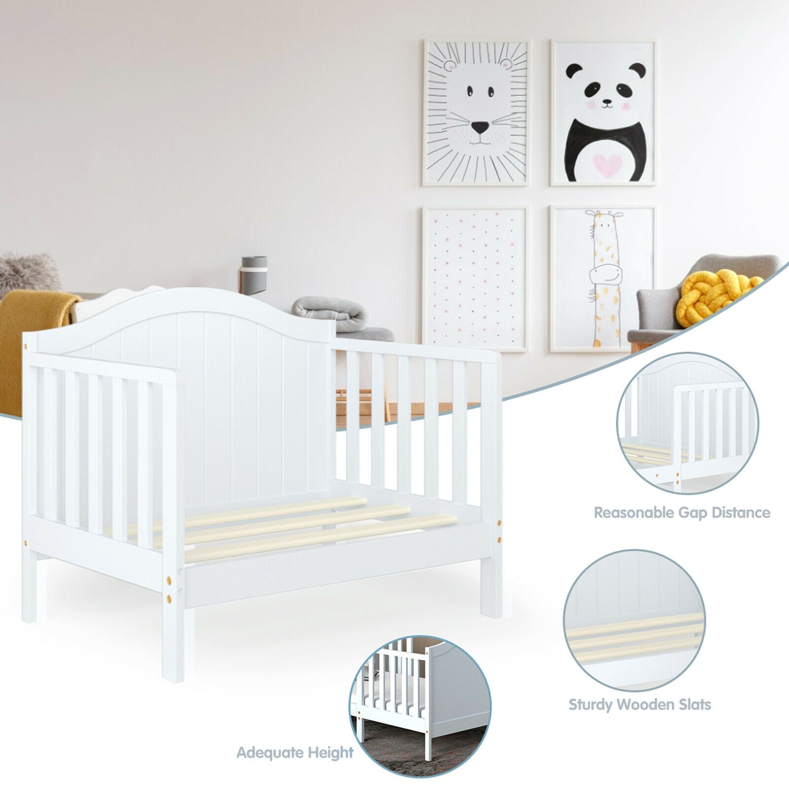 2-in-1 Classic Convertible Wooden Toddler Bed with 2 Side Guardrails for Extra Safety, White Toddler Beds at Gallery Canada