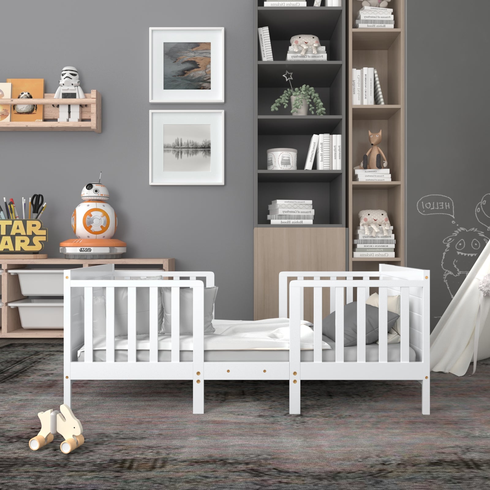 2-in-1 Convertible Kids Wooden Bedroom Furniture with Guardrails, White Toddler Beds at Gallery Canada