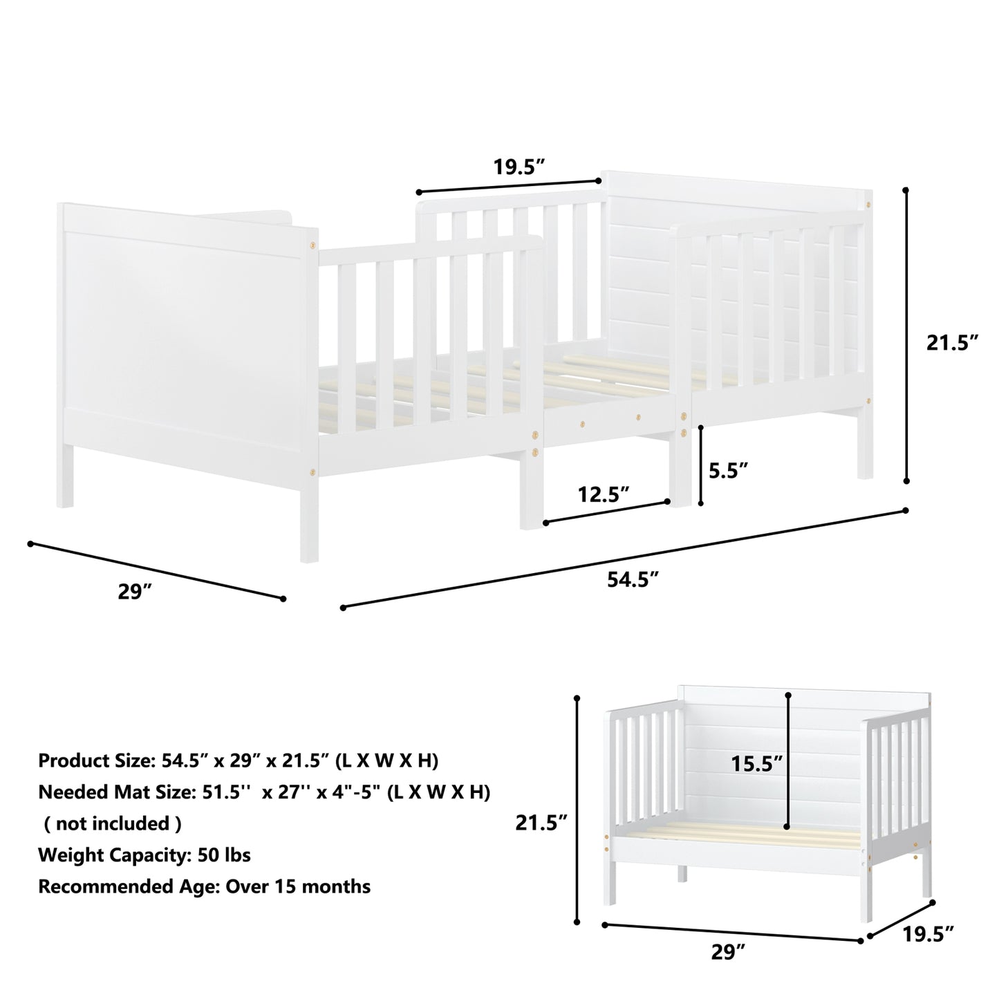 2-in-1 Convertible Kids Wooden Bedroom Furniture with Guardrails, White Toddler Beds at Gallery Canada
