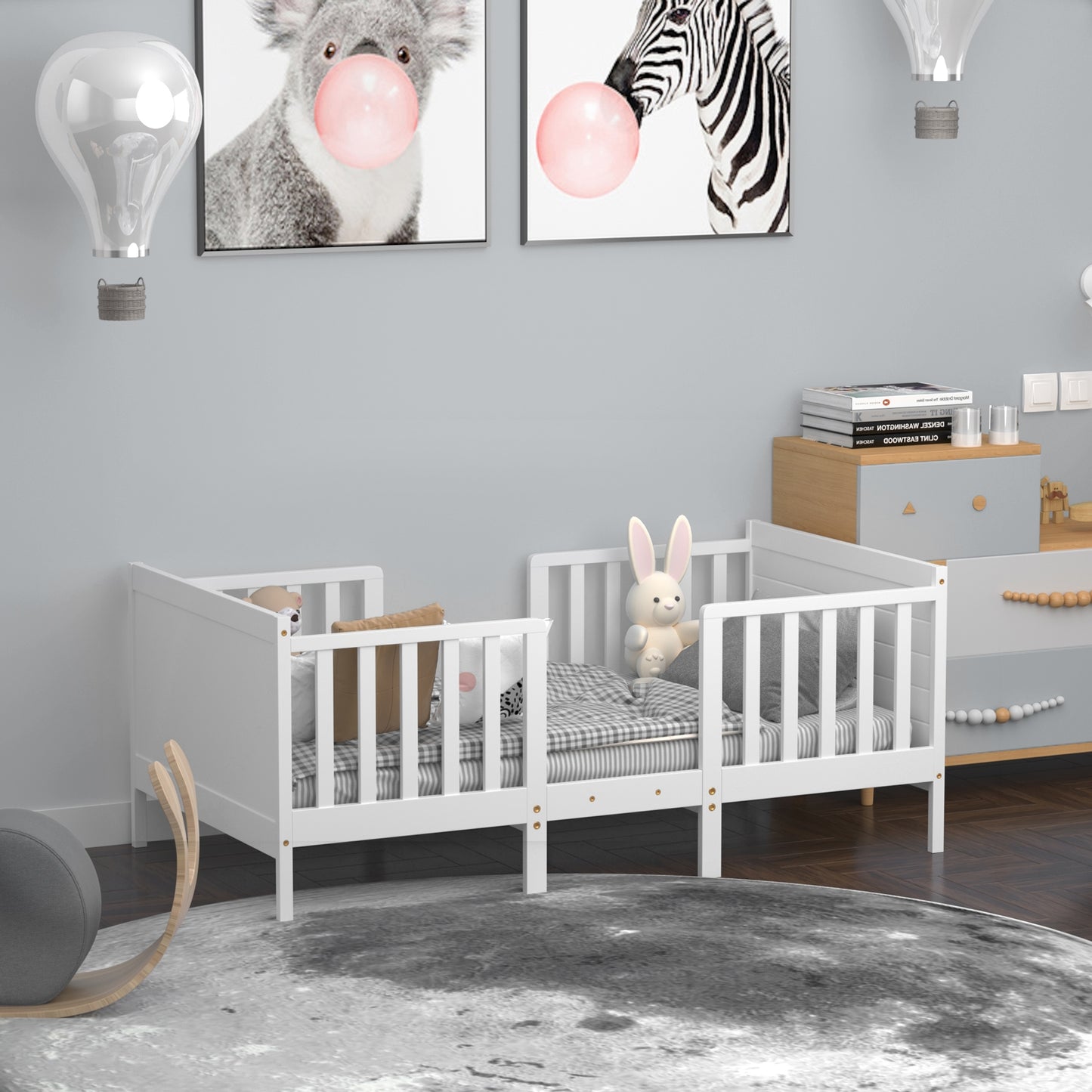 2-in-1 Convertible Kids Wooden Bedroom Furniture with Guardrails, White Toddler Beds at Gallery Canada