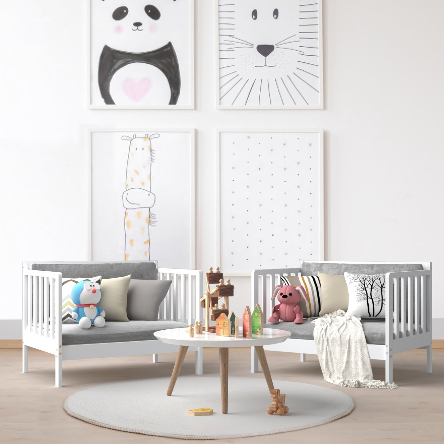 2-in-1 Convertible Kids Wooden Bedroom Furniture with Guardrails, White Toddler Beds at Gallery Canada