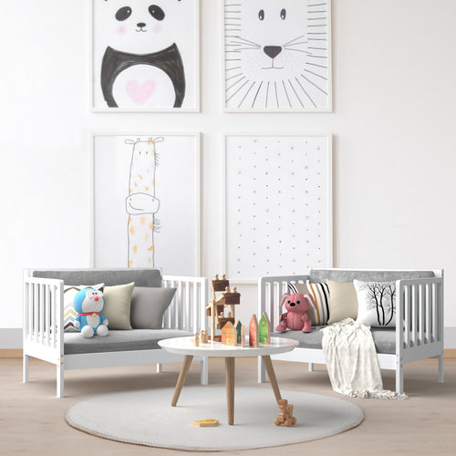 2-in-1 Convertible Kids Wooden Bedroom Furniture with Guardrails, White