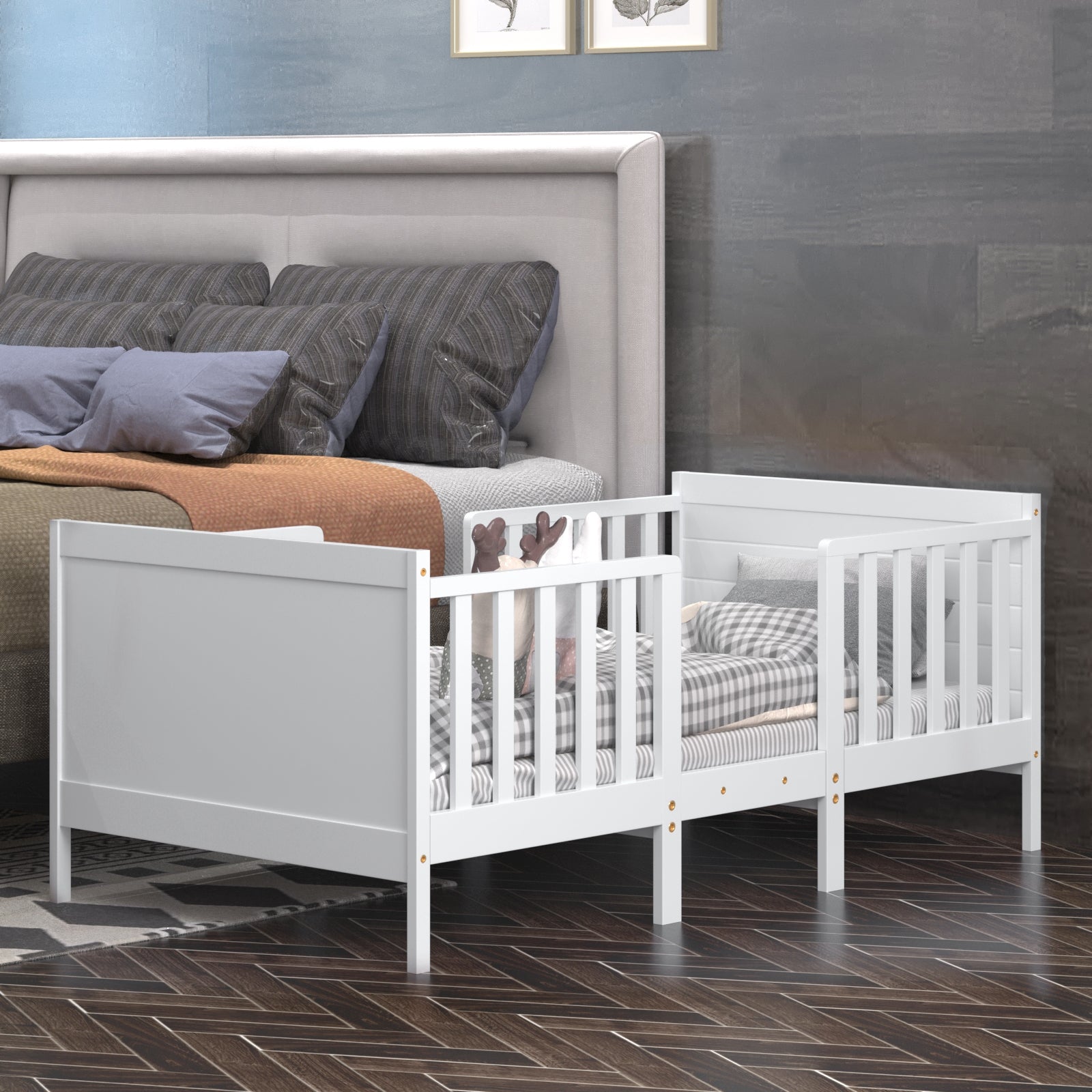 2-in-1 Convertible Kids Wooden Bedroom Furniture with Guardrails, White Toddler Beds at Gallery Canada