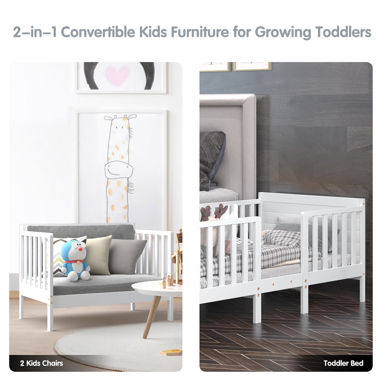 2-in-1 Convertible Kids Wooden Bedroom Furniture with Guardrails, White Toddler Beds at Gallery Canada