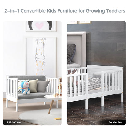 2-in-1 Convertible Kids Wooden Bedroom Furniture with Guardrails, White Toddler Beds at Gallery Canada