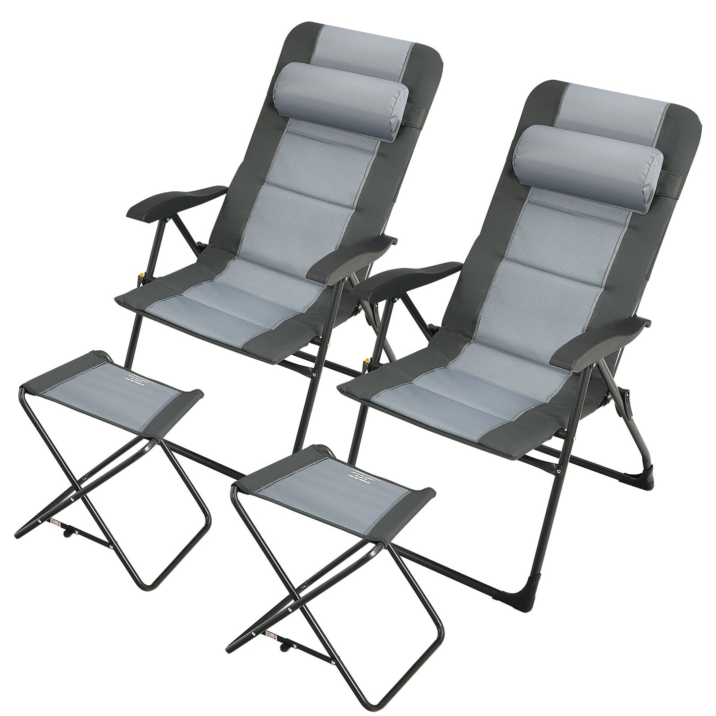 Patio Folding Dining Chair With Ottoman Set, Adjustable Recliner, Gray